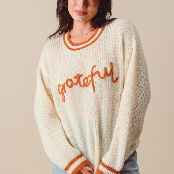 SO ME Thanksgiving Grateful Lettering Stitch Sweater - Picture 2 of 11